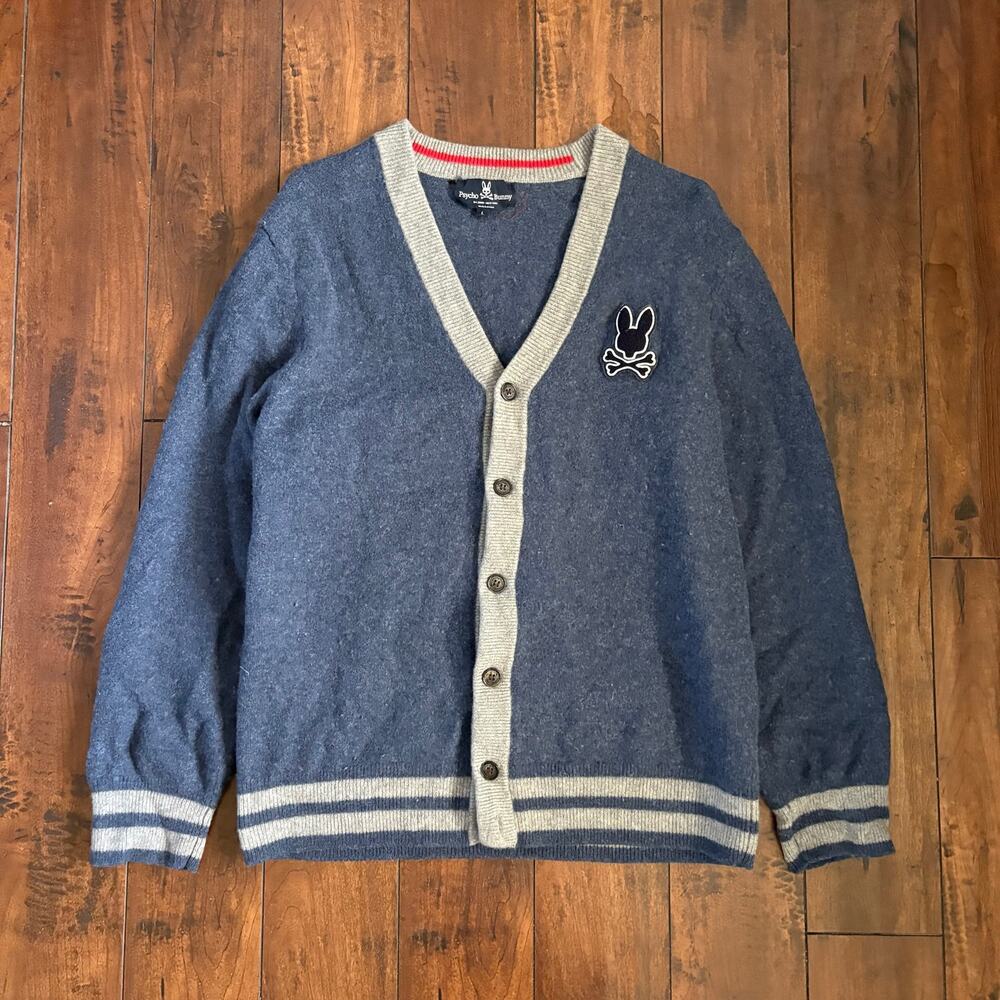 Psycho Bunny Wool Cardigan Sweater Mens L Navy Blue Luxury 100% Merino Wool